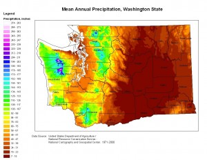 Mean Annual Precipitation, Washington State. Image by D. Collins. Data source: United States Department of Agriculture/Natural Resource conservation Service – National Cartography and Geospatial Center 1971-2000.